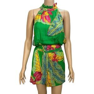NEW Cynthia Rowley Tropical Print Romper Halter Neck Colorful Palm Leaf Print